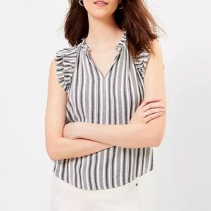 Loft Ann Taylor Striped Ruffle Split Neck Sleeveless Blouse Medium